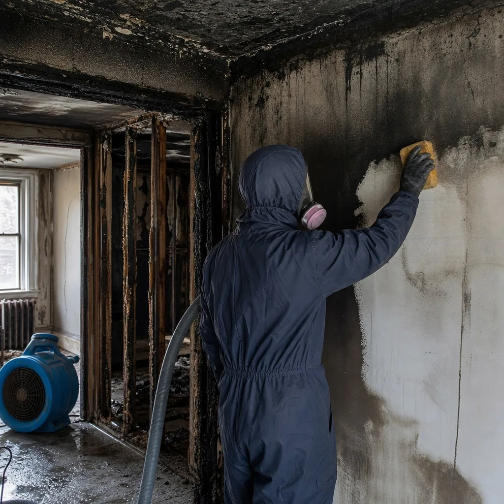 Technician in protective suit cleaning soot from fire damaged wall