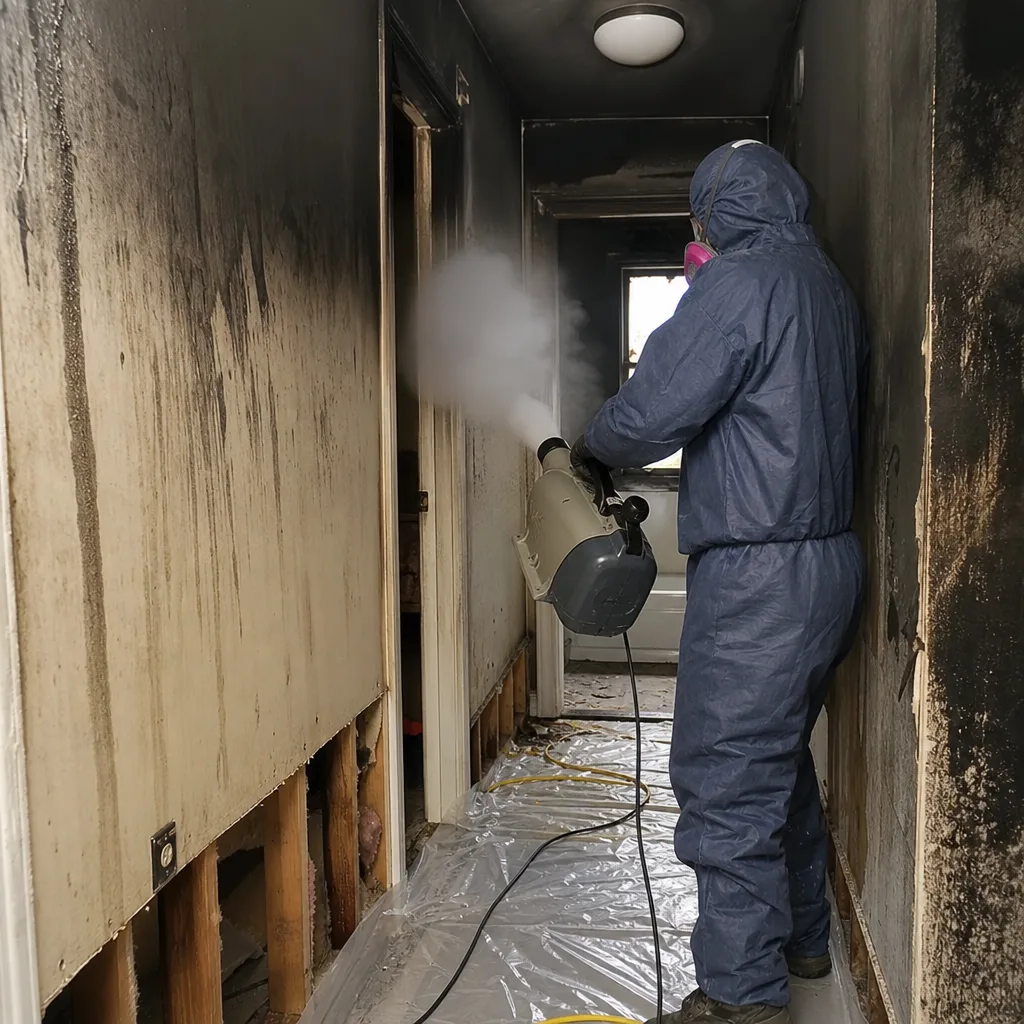 Technician using fogging equipment for professional fire and smoke damage restoration.