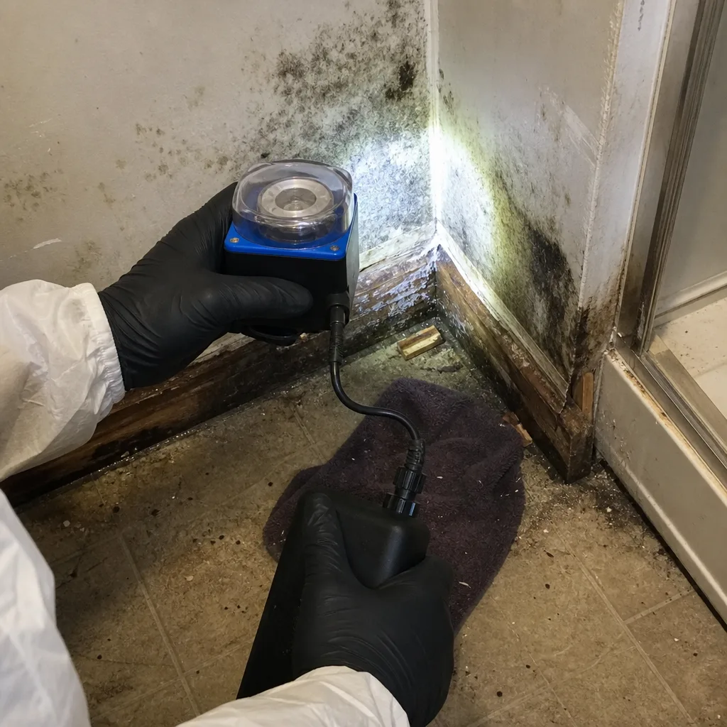 Technician performing professional mold remediation and air quality testing