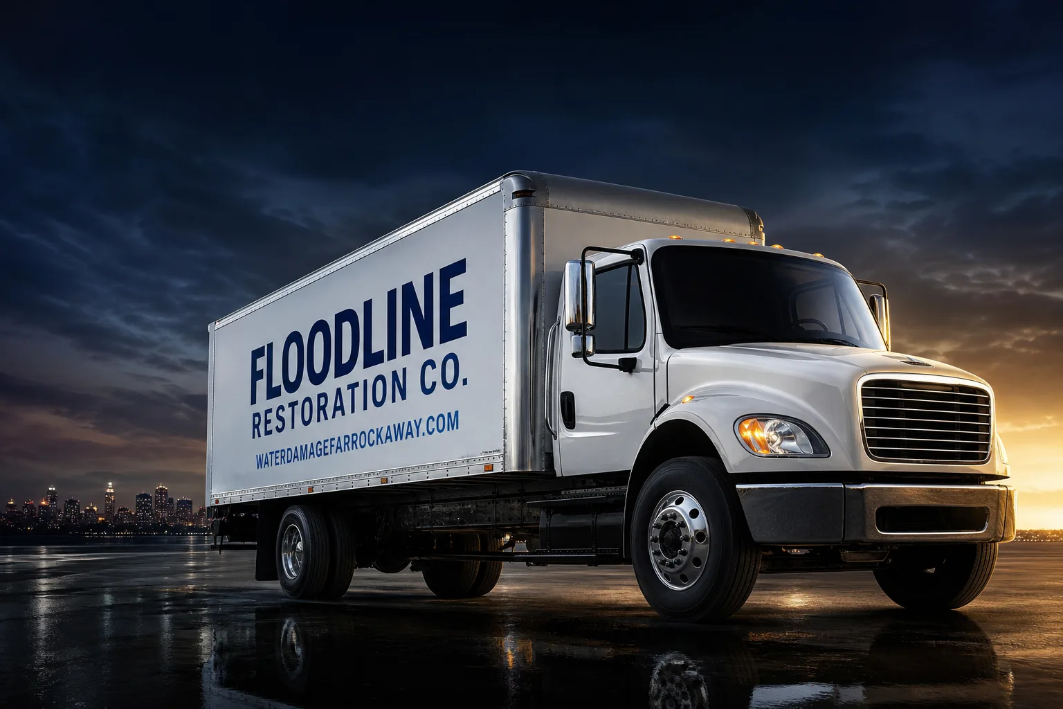 Floodline Restoration Co. damage restoration service vehicle and crew in Far Rockaway, NY